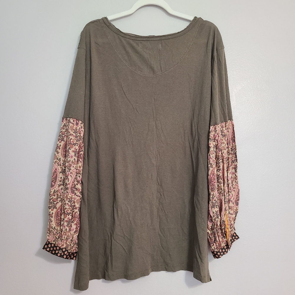 Free People Army Green Paisley Priny Mixed Media Long Sleeve Shirt Medium - Picture 10 of 10